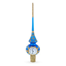 Load image into Gallery viewer, White Dial Clock on Blue and Gold Glass Christmas Tree Topper 11 Inches