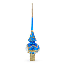 Load image into Gallery viewer, White Dial Clock on Blue and Gold Glass Christmas Tree Topper 11 Inches
