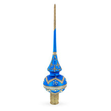 Load image into Gallery viewer, White Dial Clock on Blue and Gold Glass Christmas Tree Topper 11 Inches