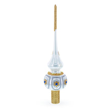 Load image into Gallery viewer, Dimensional Blue and Red Jewels on Silver Glass Christmas Tree Topper 11 Inches
