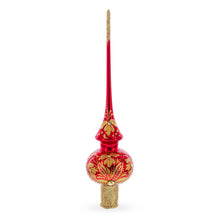 Load image into Gallery viewer, Golden Flowers Bouquet on Glossy Red Glass Christmas Tree Topper 11 Inches
