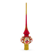 Load image into Gallery viewer, Red Jewels and White Pearls on Red Glass Christmas Tree Topper 11 Inches
