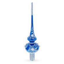 Load image into Gallery viewer, Silver Swirls on Blue Glass Tree Topper
