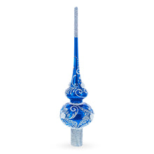 Load image into Gallery viewer, Silver Swirls on Blue Glass Tree Topper