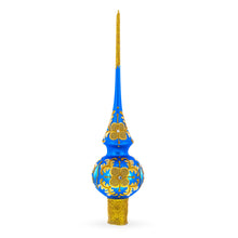 Load image into Gallery viewer, Jeweled Golden Leaves on Blue Glass Christmas Tree Topper 11 Inches
