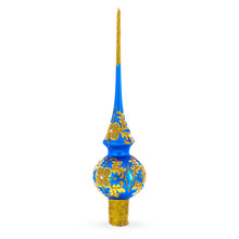 Load image into Gallery viewer, Jeweled Golden Leaves on Blue Glass Christmas Tree Topper 11 Inches