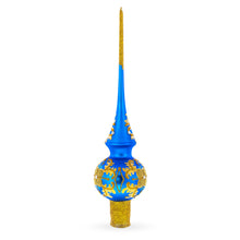Load image into Gallery viewer, Jeweled Golden Leaves on Blue Glass Christmas Tree Topper 11 Inches