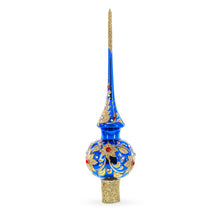 Load image into Gallery viewer, Royal Blue and Gold Floral Majesty Glass Christmas Tree Topper 11 Inches