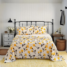 Load image into Gallery viewer, DaDa Bedding Yellow Fleur Golden Orange Floral Ivory Fitted &amp; Flat Bed Sheets Set (18112)