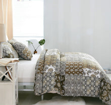 Load image into Gallery viewer, DaDa Bedding Bohemian Olive Brown Moroccan Paisley Floral Filigree Patchwork Cotton Bedspread Set (JHW-885)
