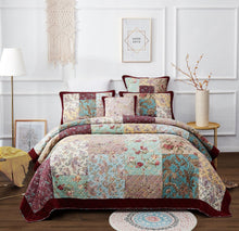 Load image into Gallery viewer, DaDa Bedding Bohemian Burgundy Red Velvet Trim Floral Paisley Patchwork Cotton Bedspread Set (JHW-868)
