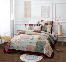 Load image into Gallery viewer, DaDa Bedding Bohemian Burgundy Red Velvet Trim Floral Paisley Patchwork Cotton Bedspread Set (JHW-868)