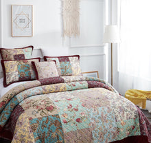 Load image into Gallery viewer, DaDa Bedding Bohemian Burgundy Red Velvet Trim Floral Paisley Patchwork Cotton Bedspread Set (JHW-868)
