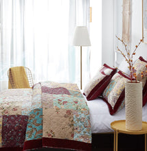 Load image into Gallery viewer, DaDa Bedding Bohemian Burgundy Red Velvet Trim Floral Paisley Patchwork Cotton Bedspread Set (JHW-868)