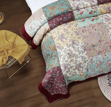 Load image into Gallery viewer, DaDa Bedding Bohemian Burgundy Red Velvet Trim Floral Paisley Patchwork Cotton Bedspread Set (JHW-868)