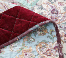Load image into Gallery viewer, DaDa Bedding Bohemian Burgundy Red Velvet Trim Floral Paisley Patchwork Cotton Bedspread Set (JHW-868)