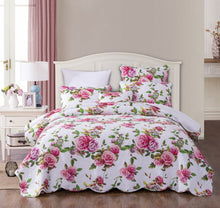 Load image into Gallery viewer, DaDa Bedding Romantic Roses Lovely Spring Pink Floral Quilted Scalloped Bedspread Set (JHW879)