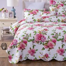 Load image into Gallery viewer, DaDa Bedding Romantic Roses Lovely Spring Pink Floral Quilted Scalloped Bedspread Set (JHW879)