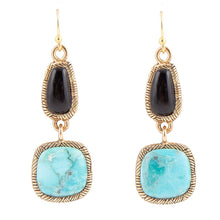 Load image into Gallery viewer, Black Onyx and Blue turquoise Golden Bronze Drop Earrings