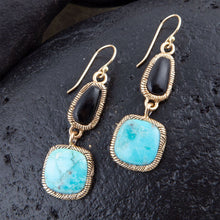 Load image into Gallery viewer, Black Onyx and Blue turquoise Golden Bronze Drop Earrings