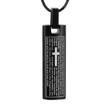 Load image into Gallery viewer, Silver Cremation Urn Necklace Etched With The Lord's Prayer &amp; Cross