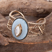 Load image into Gallery viewer, Blue Denim Dreams White Mother of Pearl Golden Cuff Bracelet