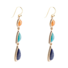Load image into Gallery viewer, Blue Lapis, Turquoise and Orange Sponge Coral Golden Drop Earrings
