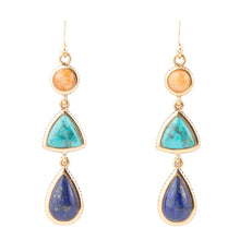 Load image into Gallery viewer, Blue Lapis, Turquoise and Orange Sponge Coral Golden Drop Earrings