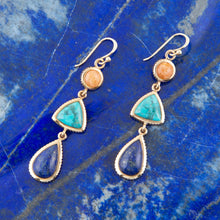 Load image into Gallery viewer, Blue Lapis, Turquoise and Orange Sponge Coral Golden Drop Earrings
