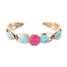 Load image into Gallery viewer, Blue Turquoise and Red Quartz Golden Cuff Bracelet