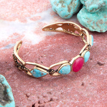 Load image into Gallery viewer, Blue Turquoise and Red Quartz Golden Cuff Bracelet