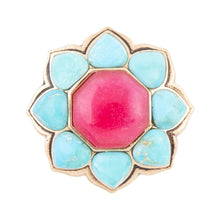 Load image into Gallery viewer, Blue Turquoise and Red Quartz Flower Golden Ring