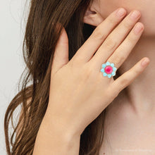 Load image into Gallery viewer, Blue Turquoise and Red Quartz Flower Golden Ring