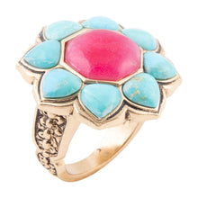 Load image into Gallery viewer, Blue Turquoise and Red Quartz Flower Golden Ring