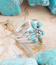 Load image into Gallery viewer, Floral Blue Turquoise and Sterling Silver Statement Ring