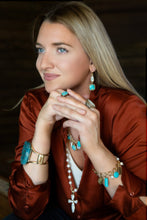 Load image into Gallery viewer, Blue Turquoise and White Pearl Multi Charm Golden Bracelet