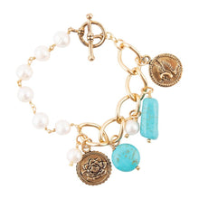 Load image into Gallery viewer, Blue Turquoise and White Pearl Multi Charm Golden Bracelet