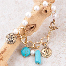 Load image into Gallery viewer, Blue Turquoise and White Pearl Multi Charm Golden Bracelet