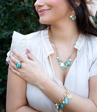Load image into Gallery viewer, Blue Turquoise and White Pearl Multi Charm Golden Bracelet
