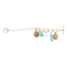 Load image into Gallery viewer, Blue Turquoise and White Pearl Multi Charm Golden Bracelet