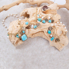 Load image into Gallery viewer, Blue Turquoise and White Pearl Multi Charm Golden Necklace