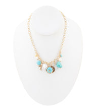 Load image into Gallery viewer, Blue Turquoise and White Pearl Multi Charm Golden Necklace