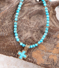 Load image into Gallery viewer, Blue Turquoise Cross Golden Pendant Necklace