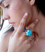 Load image into Gallery viewer, Blue Turquoise Flower Golden Ring