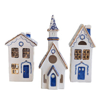 Load image into Gallery viewer, Blue and White Toile Christmas Village 3-Piece Set with 22K Gold Accents