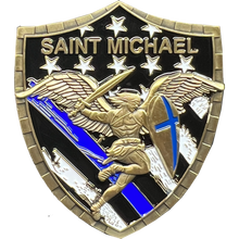 Load image into Gallery viewer, GL5-004 Police Saint Michael Gladiator Shield Thin Blue Line Flag Challenge Coin LAPD NYPD CPD CBP BI ATF