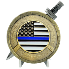 Load image into Gallery viewer, EL6-019 Thin Blue Line Police Warrior Gladiator Shield with removable Sword Challenge Coin Set Deputy Sheriff CBP ATF LAPD NYPD DEA HSI ICE