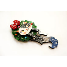 Load image into Gallery viewer, Cat in A Christmas Wreath Brooch by Laliblue