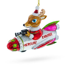 Load image into Gallery viewer, Deer Cameraman Aboard Space Rocket Glass Christmas Ornament