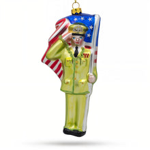 Load image into Gallery viewer, Patriotic Soldier with American Flag Glass Christmas Ornament